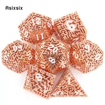 7 шт. оранжево-белые металлические игральные кости, лабиринт, полый металлический многогранный набор кубиков, подходящий для ролевой игры, настольной игры, карточной игры разноцветный