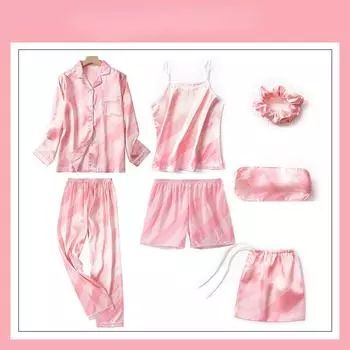 7 шт., пижамный комплект из ледяного шелка, женский модный пижамный костюм с длинным рукавом с принтом M жёлтый