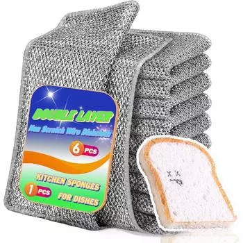7 шт. полотенец для мытья посуды, в том числе двухслойное нецарапающееся проволочное полотенце, 6 шт. и 1 шт. кухонные губки, мощная очистка 7pcs