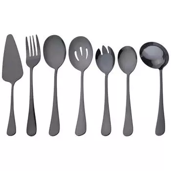 7 шт. посуда из нержавеющей стали, черный набор посуды, лопаточка для торта, сервисная ложка для супа, дуршлаг, ложка, вилка для салата, ложка, набор столовых приборов серебряный