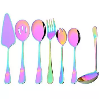 7 шт. разноцветная посуда, ложка для супа, дуршлаг, ложка, сервисная ложка, вилка, лопаточка для торта, набор столовых приборов, кухонная посуда из нержавеющей стали серебряный