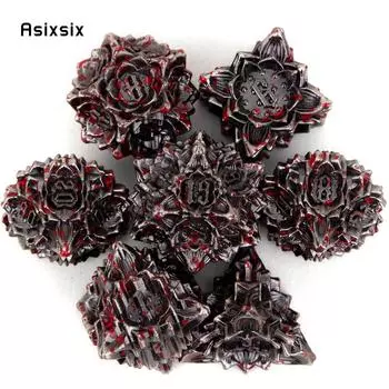 7 шт. серебристо-красный цветок лотоса, металлические кубики, набор твердых металлических многогранных кубиков, подходящий для ролевой ролевой игры, настольной игры, карточной игры разноцветный