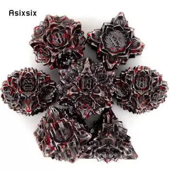 7 шт. серебристо-красный цветок лотоса, металлические кубики, набор твердых металлических многогранных кубиков, подходящий для ролевой ролевой игры, настольной игры, карточной игры чёрный