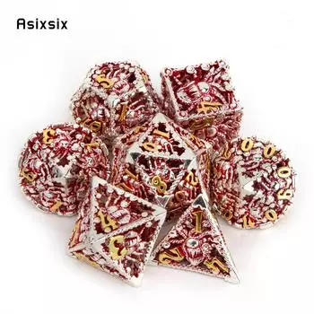 7 шт. серебристо-красный металлический кубик в виде осьминога, набор полых металлических многогранных кубиков, подходит для ролевой игры, настольной игры, карточной игры разноцветный