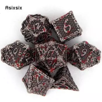 7 шт. серебристо-красный металлический кубик в виде рыбьей чешуи, набор твердых металлических многогранных кубиков, подходящий для ролевой ролевой игры, настольной игры, карточной игры разноцветный