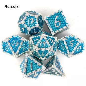 7 шт. серебристо-синие металлические игральные кости в виде рыбьей чешуи, набор твердых металлических многогранных кубиков, подходящий для ролевой ролевой игры, настольной игры, карточной игры разноцветный
