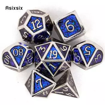 7 шт. серебристо-синие стандартные металлические кубики, набор цельнометаллических многогранных кубиков, подходящий для ролевой ролевой игры, настольной игры, карточной игры разноцветный