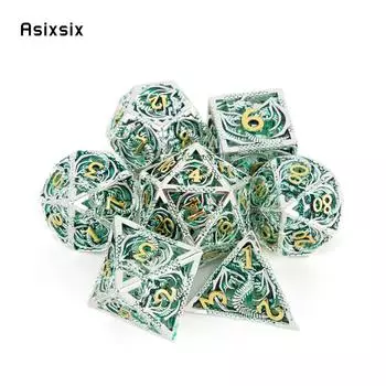 7 шт. серебристо-зеленый дракон металлические игральные кости набор полых металлических многогранных кубиков подходит для ролевой ролевой игры, настольной игры, карточной игры разноцветный