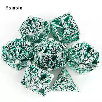 7 шт. серебристо-зеленый металлический кубик с головой черепа, набор полых металлических многогранных кубиков, подходит для ролевой ролевой настольной карточной игры разноцветный