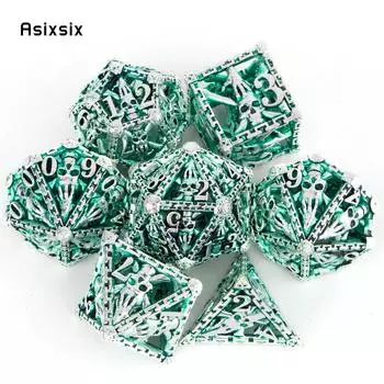 7 шт. серебристо-зеленый металлический кубик с головой черепа, набор полых металлических многогранных кубиков, подходит для ролевой ролевой настольной карточной игры VariantValue