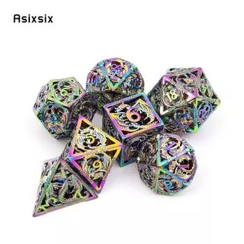 7 шт. серебряные красочные металлические кости дракона, набор полых металлических многогранных кубиков, подходит для ролевой игры, настольной игры, карточной игры разноцветный