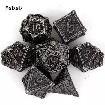 7 шт. серебряные металлические кубики в виде рыбьей чешуи, набор цельных металлических многогранных кубиков, подходящий для ролевой игры, настольной игры, карточной игры разноцветный