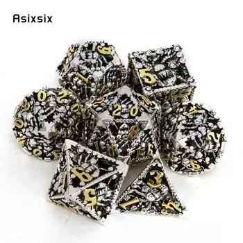 7 шт., серебряные, золотые металлические кубики в виде осьминога, набор полых металлических многогранных кубиков, подходящий для ролевой ролевой игры, настольной игры, карточной игры разноцветный