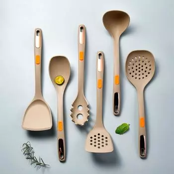 7 шт. силиконовая кухонная утварь с противоскользящей ручкой, термостойкая кухонная антипригарная ложка для супа, лопатка, кухонные принадлежности для выпечки с сиденьем для хранения Six-piece Storage Seat Set хаки