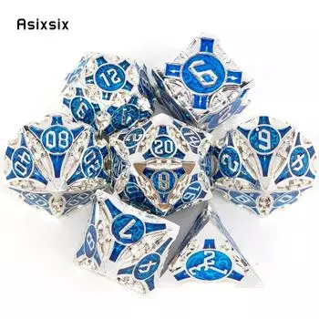 7 шт. сине-белые металлические игральные кости, набор цельнометаллических многогранных кубиков, подходящий для ролевой ролевой игры, настольной игры, карточной игры разноцветный
