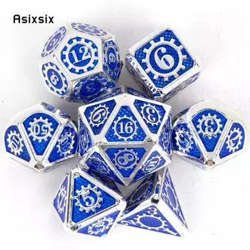 7 шт., сине-белые зубчатые колеса, металлические кубики, набор твердых металлических многогранных кубиков, подходящий для ролевой игры, настольной игры, карточной игры разноцветный