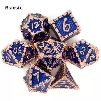 7 шт. синие, золотые рыбьи чешуи, металлические кубики, набор твердых металлических многогранных кубиков, подходящий для ролевой ролевой игры, настольной игры, карточной игры синий