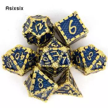 7 шт. синие, золотые рыбьи чешуи, металлические кубики, набор твердых металлических многогранных кубиков, подходящий для ролевой ролевой игры, настольной игры, карточной игры разноцветный