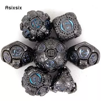 7 шт., синий, черный, зубчатое колесо, металлические кубики, набор твердых металлических многогранных кубиков, подходящий для ролевых ролевых игр, настольная игра, карточная игра
