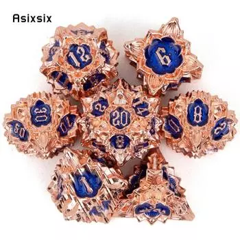 7 шт. синий оранжевый цветок лотоса металлические игральные кости набор твердых металлических многогранных кубиков подходит для ролевой ролевой игры, настольной игры, карточной игры разноцветный