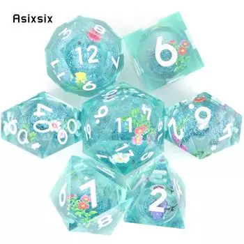 7 шт. синий струящийся песок, белый номер, смоляные кубики с острыми краями, многогранные кубики, подходящие для ролевых ролевых игр, настольная игра разноцветный