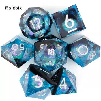 7 шт. синий струящийся песок, белый номер, смоляные кубики с острыми краями, многогранные кубики, подходящие для ролевых ролевых игр, настольная игра разноцветный