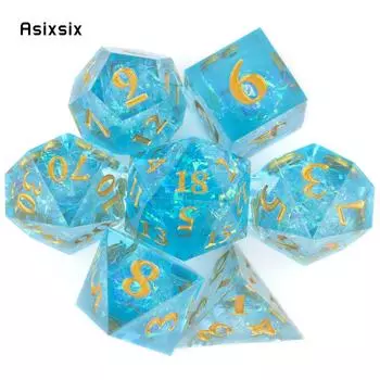 7 шт. синяя смола с золотым номером, игральные кости с острыми краями, многогранные кости, подходящие для ролевой ролевой настольной игры разноцветный