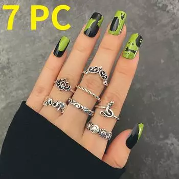 7 шт., винтажное элегантное кольцо со слоном, резьба по цвету, вечеринка, портрет, набор полых колец в виде змеи серебряный