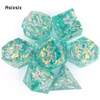 7 шт., зеленая смола, серебряный номер, игральные кости с острыми краями, многогранные кости, подходящие для ролевой ролевой настольной игры разноцветный