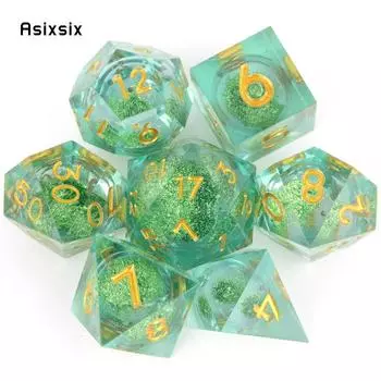 7 шт. зеленая смола, струящийся песок, золотой номер, острые края, многогранные кости, подходят для настольной игры в жанре RPG разноцветный