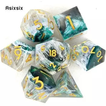 7 шт., зеленые, белые, золотые кубики с острыми краями, многогранные кубики из смолы, подходящие для ролевых ролевых игр, настольная игра