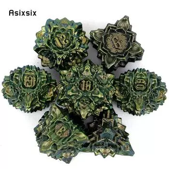 7 шт. зеленый желтый цветок лотоса металлические игральные кости набор твердых металлических многогранных кубиков подходит для ролевой ролевой игры, настольной игры, карточной игры зелёный