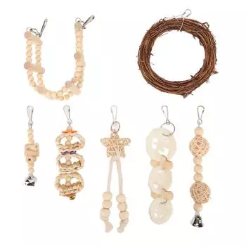 7 шт. жевательные игрушки-качели для попугая, натуральные бревна, ротанг, кукурузная шелуха, мочалка, жевательные игрушки-кольца для попугая