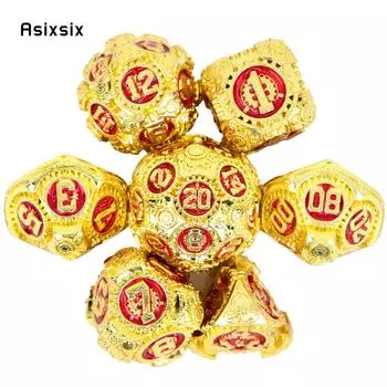 7 шт. золотисто-красное зубчатое колесо, металлические кубики, набор твердых металлических многогранных кубиков, подходит для ролевой игры, настольной игры, карточной игры разноцветный