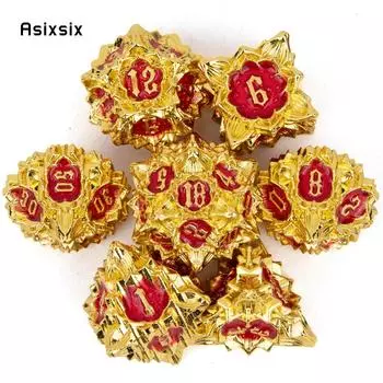 7 шт. золотисто-красный цветок лотоса, металлические кубики, набор твердых металлических многогранных кубиков, подходящий для ролевой игры, настольной игры, карточной игры разноцветный