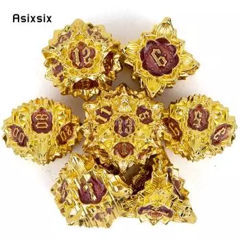 7 шт. золотисто-красный цветок лотоса, металлические кубики, набор твердых металлических многогранных кубиков, подходящий для ролевой игры, настольной игры, карточной игры разноцветный