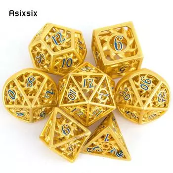 7 шт., золотисто-синие вращающиеся циклонные металлические кубики, набор полых металлических многогранных кубиков, подходящий для ролевой игры, настольной игры, карточной игры разноцветный