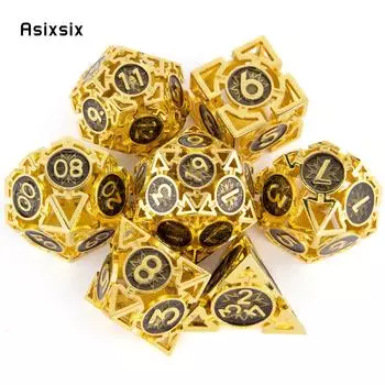 7 шт., золотые, черные металлические игральные кости, круглые полые металлические многогранные игральные кости, подходят для ролевой игры, настольной игры, карточной игры золотой