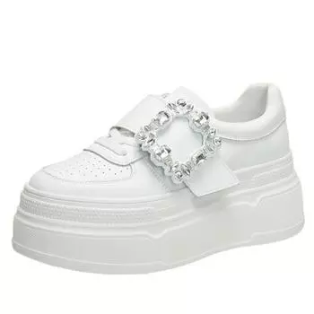 7 см 2024 Женская вулканизированная обувь Весна CRYSTAL Кожаная платформа танкетка Высокий каблук Осенние белые туфли Крючок Увеличение Повседневная обувь 35 белый