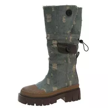 7 см Горячие Холщовые Ботинки на толстой платформе Ботильоны Женские Молнии Толстая Подошва Мотоциклетные Ботинки Женские Панк Ботинки До Середины Икры, Увеличивающие Рост 35 серый
