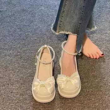 7 см маленькие кожаные туфли с цепочкой и бусинами, которые носят милые дети ~ Туфли Мэри Джейн на высоком каблуке 35