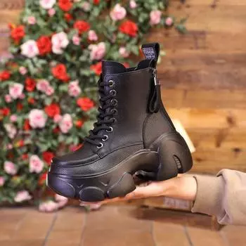 7 см персонализированные ботинки Martin на толстой подошве со шнуровкой, увеличивающие рост, для женщин, осень и зима 2024, новые высокие ботинки, повседневные универсальные короткие ботинки 35 бежевый