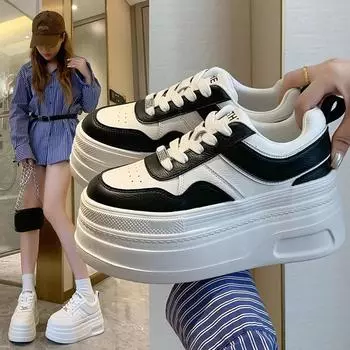 7 см PU кожа женские черные белые массивные кроссовки Ins женские осенние белые скрытые высокие каблуки на платформе танкетке кроссовки 34 чёрный