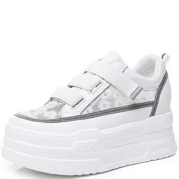 7 см сетчатая синтетическая микрофибра массивные кроссовки блестящая кожа удобные высокие новые летние повседневные туфли на танкетке на плоской подошве 34 белый