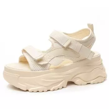 7 см синтетические сандалии из воздушной сетки женские на платформе массивные повседневные летние туфли полые бежевые толстые подошвы черные удобные открытые носки 2024 34 бежевый