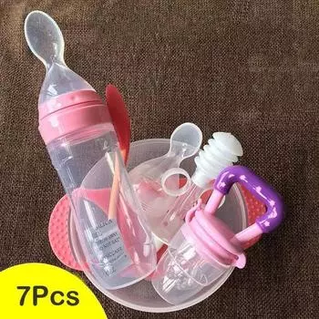 7 в 1, 120 мл, мягкая силиконовая пищевая добавка для малышей, бутылочки для кормления с рисом и хлопьями, ложка, чашка для хранения еды, набор мисок