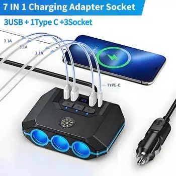 7 в 1 120 Вт Высокомощное автомобильное зарядное устройство с дисплеем напряжения, компасом 12-24 В, 3 порта USB Type C, быстрая зарядка автомобильного разъема питания для DVR GPS Dashcam