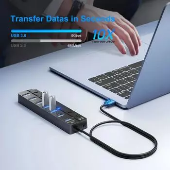 7-в-1 USB 3.0 HUB 5 Гбит/с Высокоскоростной USB-удлинитель док-станции USB-концентратор USB-разветвитель с переключателем управления для ноутбука Macbook pro