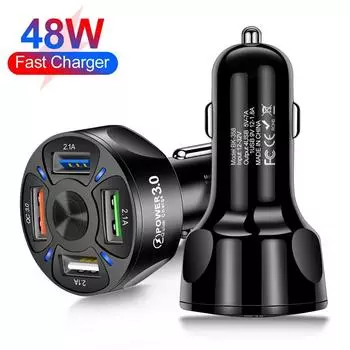 7A 48W USB автомобильное зарядное устройство 4 порта Quick Charge 3.0 Быстрая зарядка мобильный телефон адаптер питания для iPhone 15 14 Xiaomi Huawei Samsung чёрный
