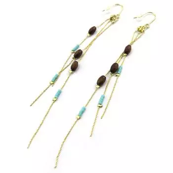 7bis [P3908] - Серьги Craft Boho коричневое бирюзовое золото - 11,5 см